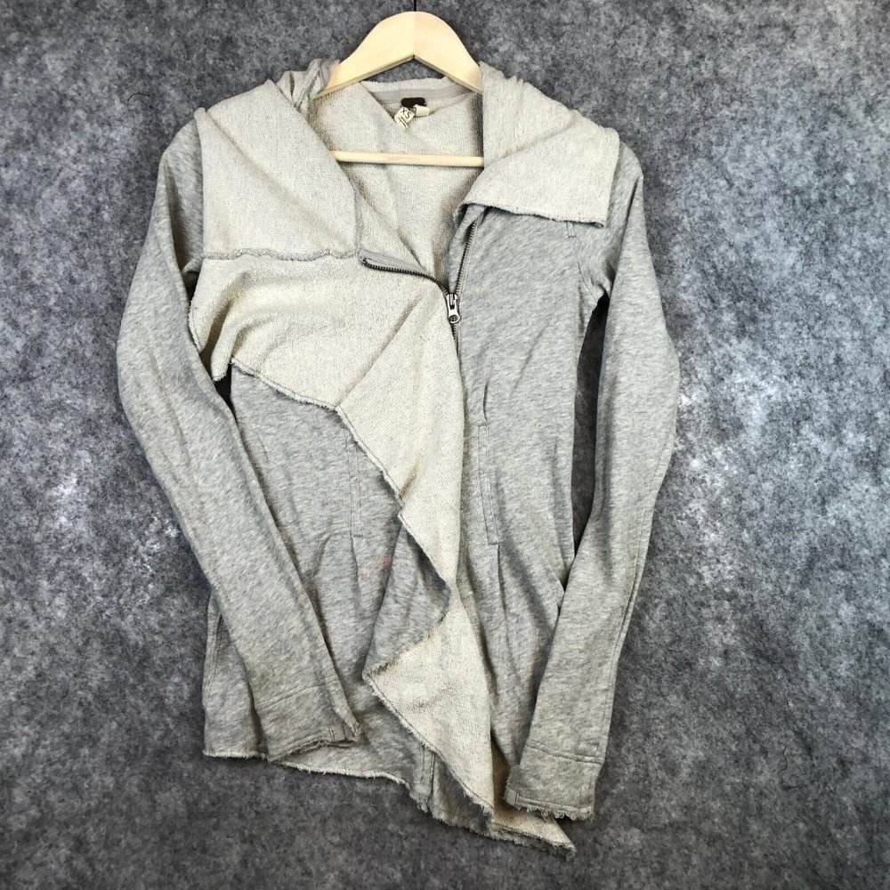 Free People Jacket XS Moto Sweater Knit Heathered Pleated Raw Edges Ruffle Gray